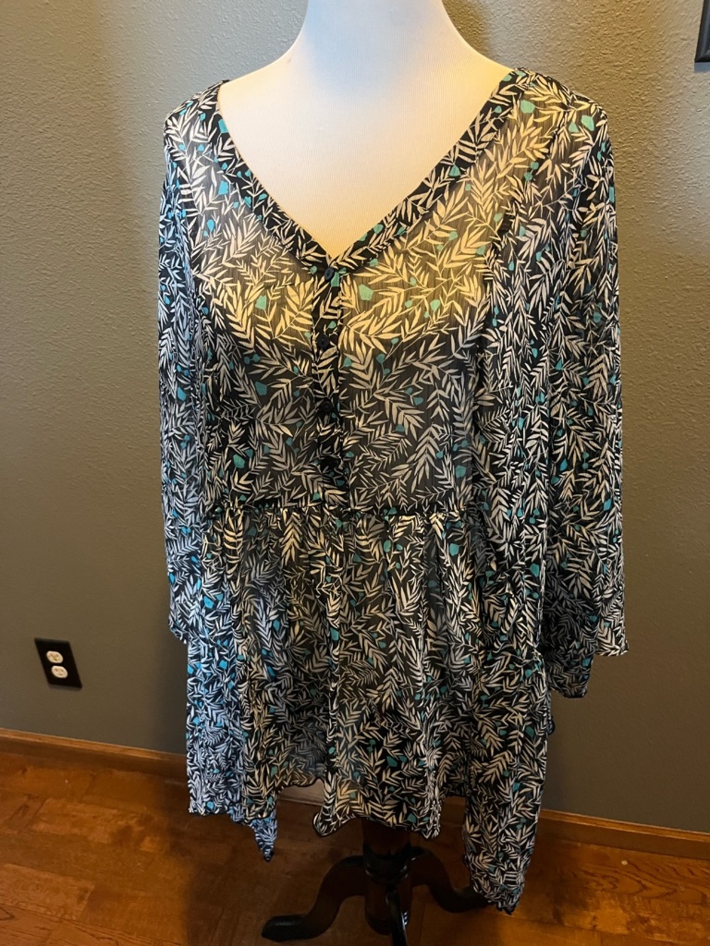 Lane Bryant Black and Teal Leaf Print sheer Blouse